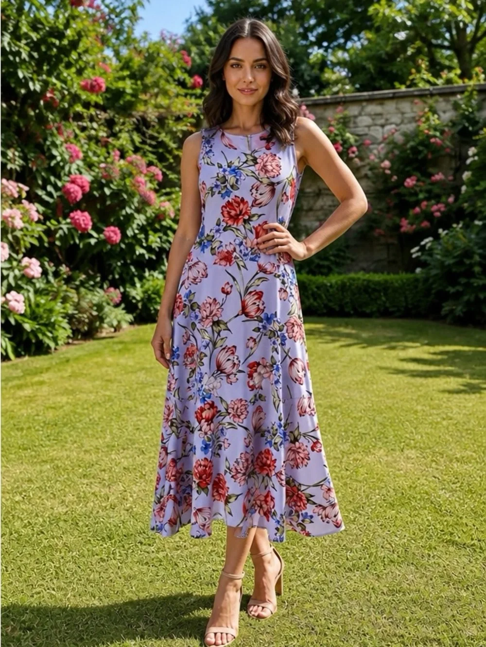 Maggy London Lilac Floral Sleeveless Midi Dress